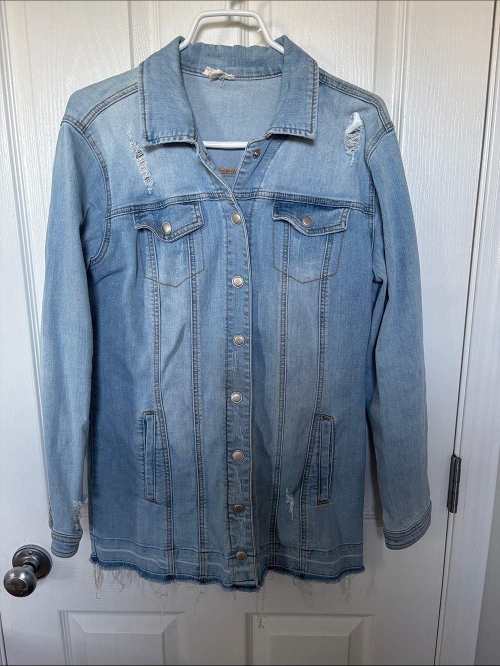 Tribal Light Blue Distressed Denim Jacket for Women